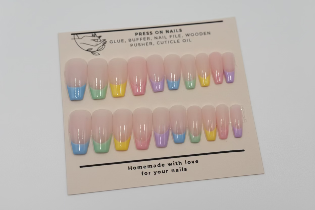 Card with press-on nails featuring gradient colors on a white background